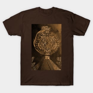 the aztec calendar in dragon quetzalcoatl night in brown T-Shirt